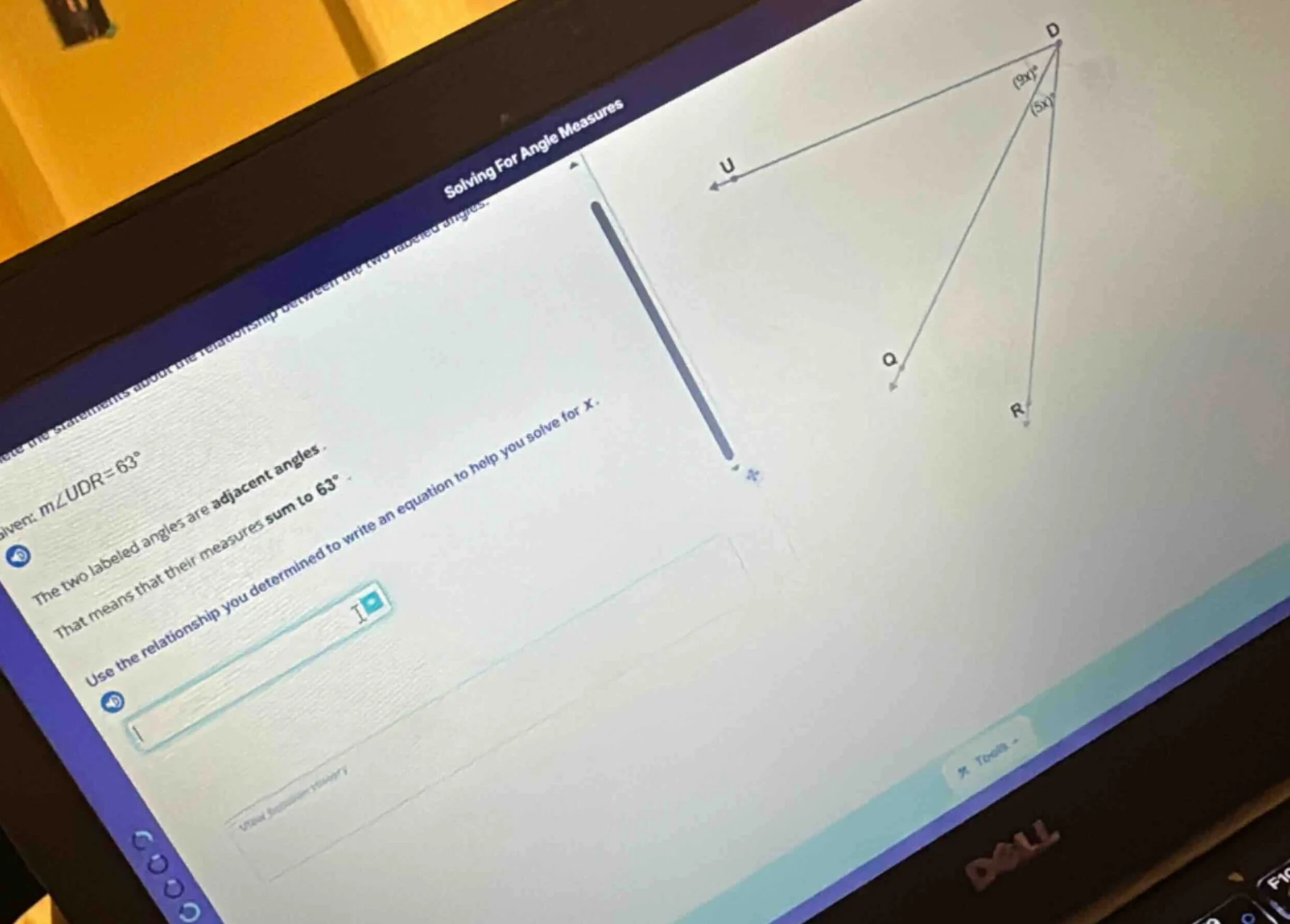 solving for angle measures given: m∠udr=63° the two labeled angles are …