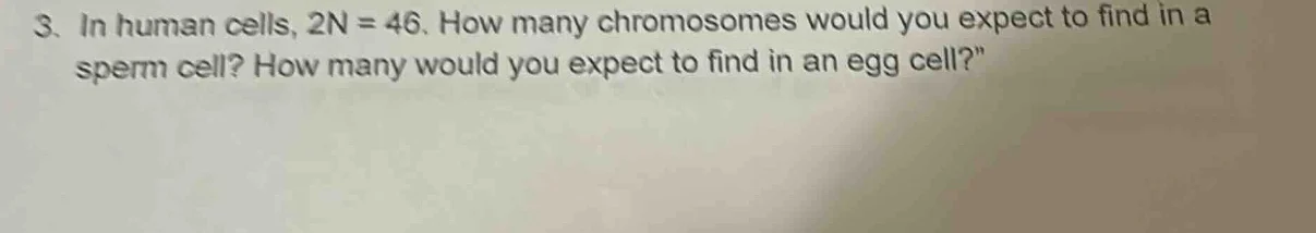 3. in human cells, 2n = 46. how many chromosomes would you expect to fi…
