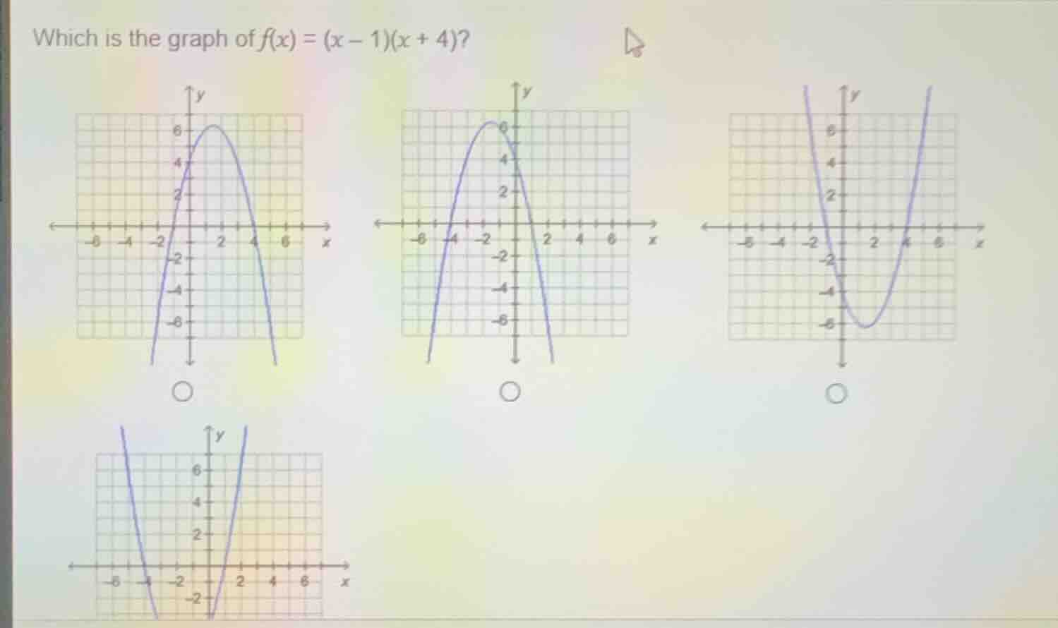 which is the graph of $f(x) = (x - 1)(x + 4)$? four graphs of parabolas…