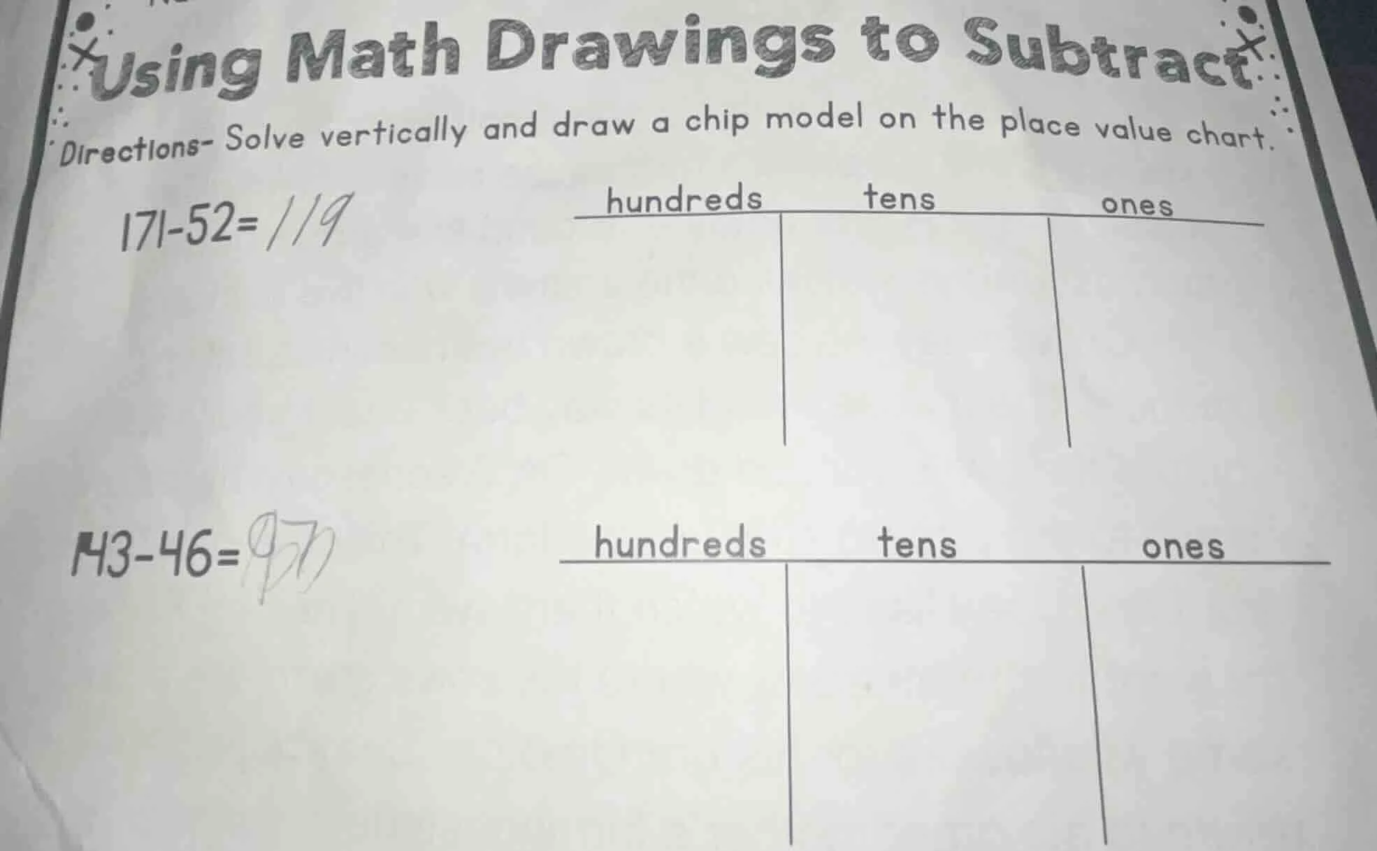 using math drawings to subtract directions- solve vertically and draw a…
