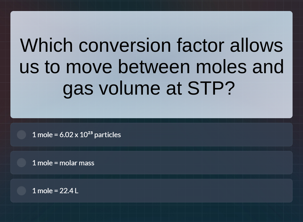 which conversion factor allows us to move between moles and gas volume …