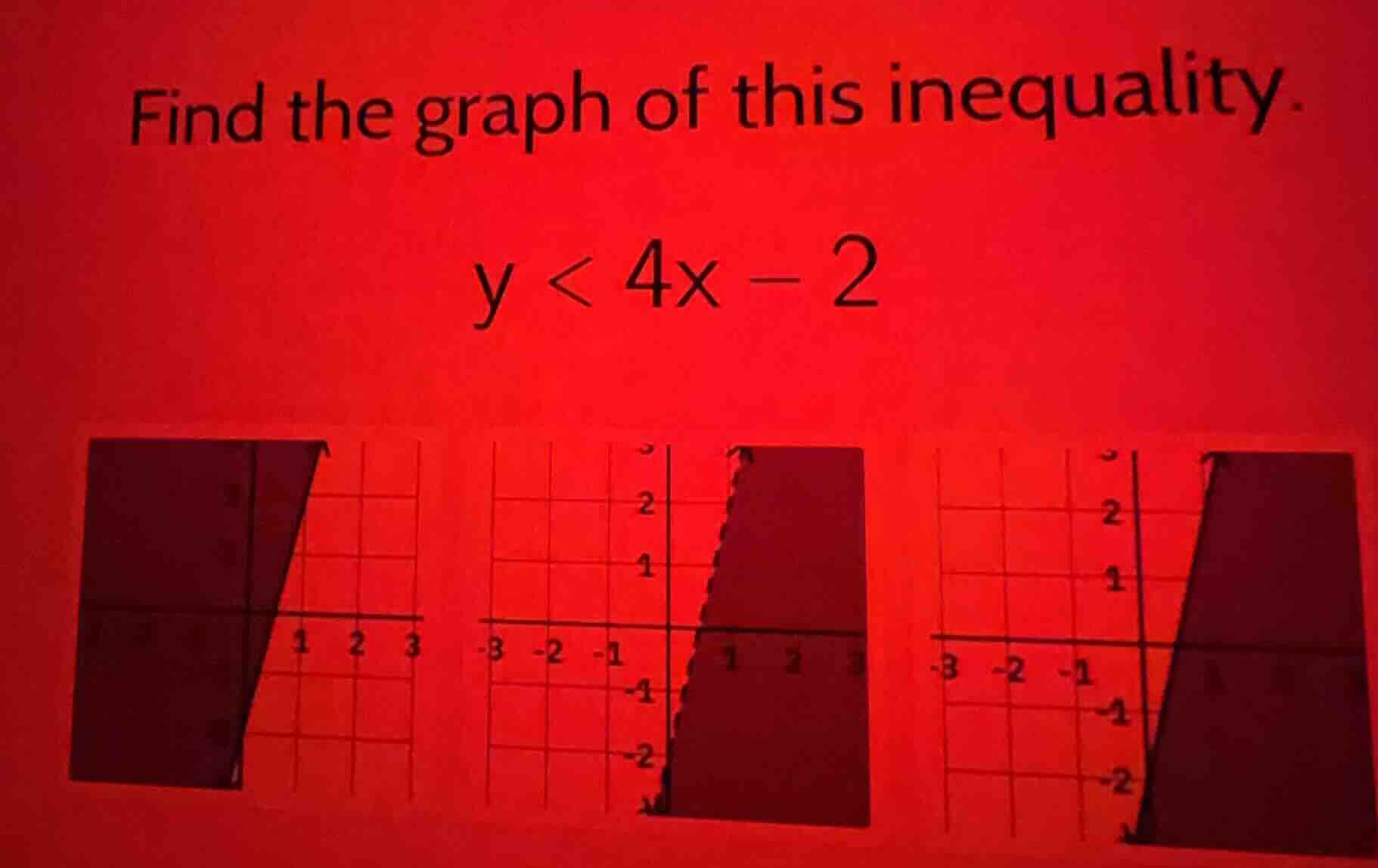 find the graph of this inequality. y < 4x - 2