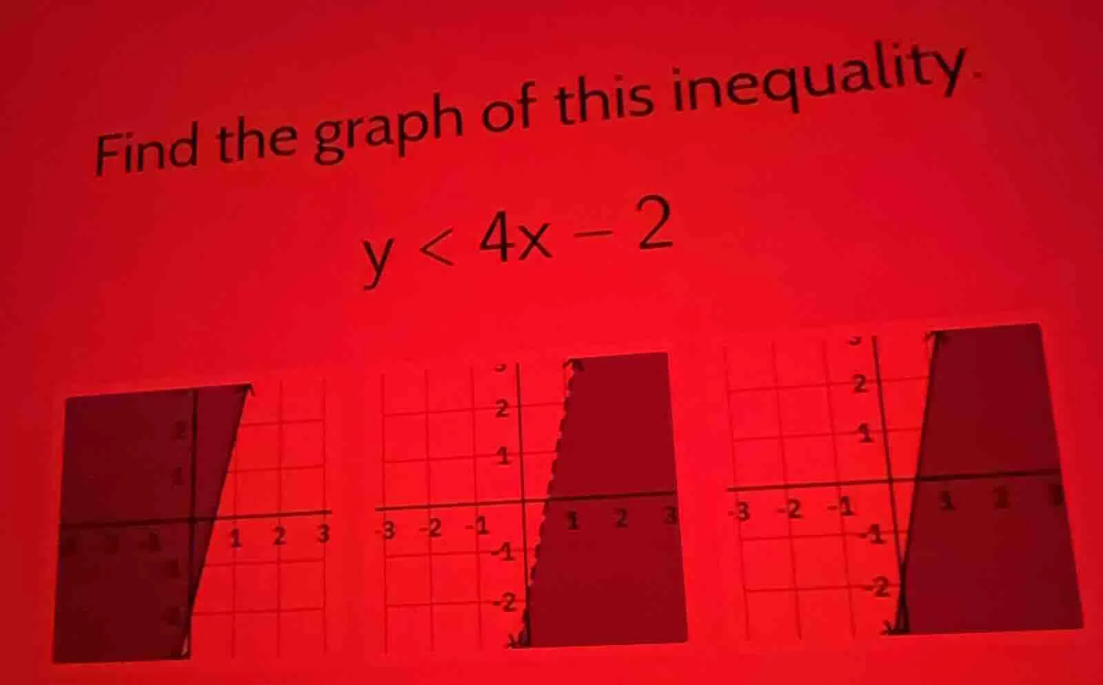 find the graph of this inequality. y < 4x - 2