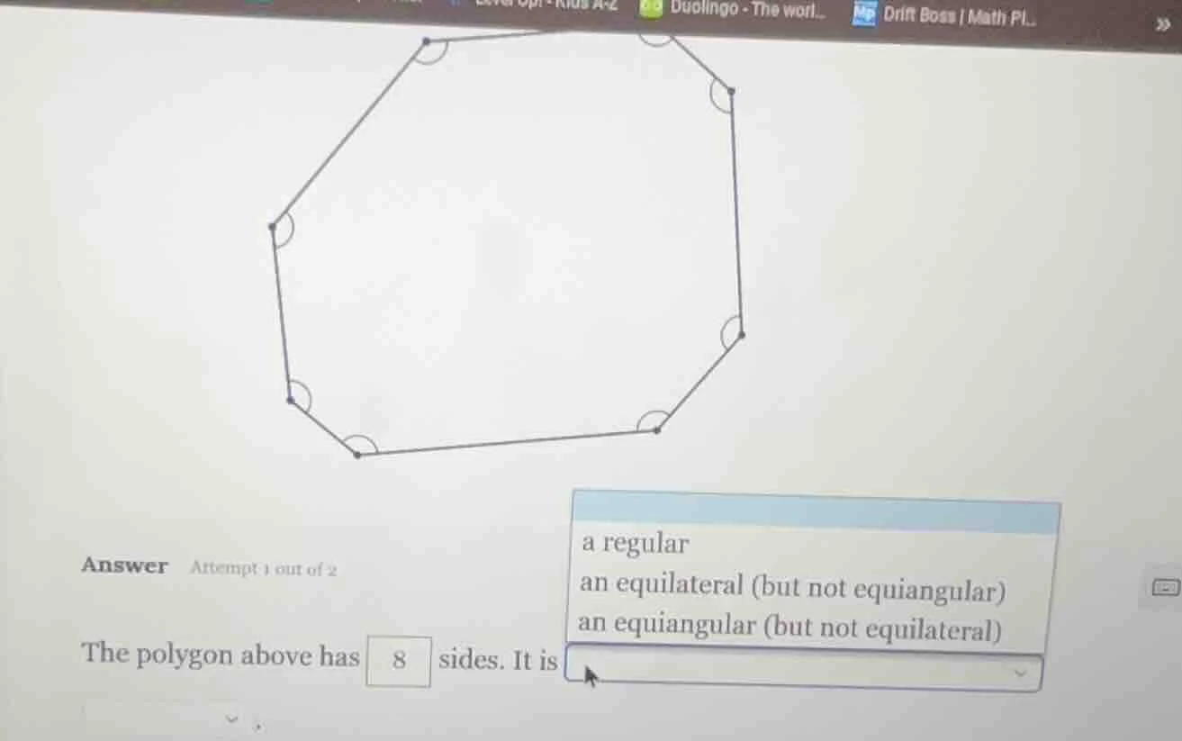answer attempt 1 out of 2 the polygon above has 8 sides. it is options:…
