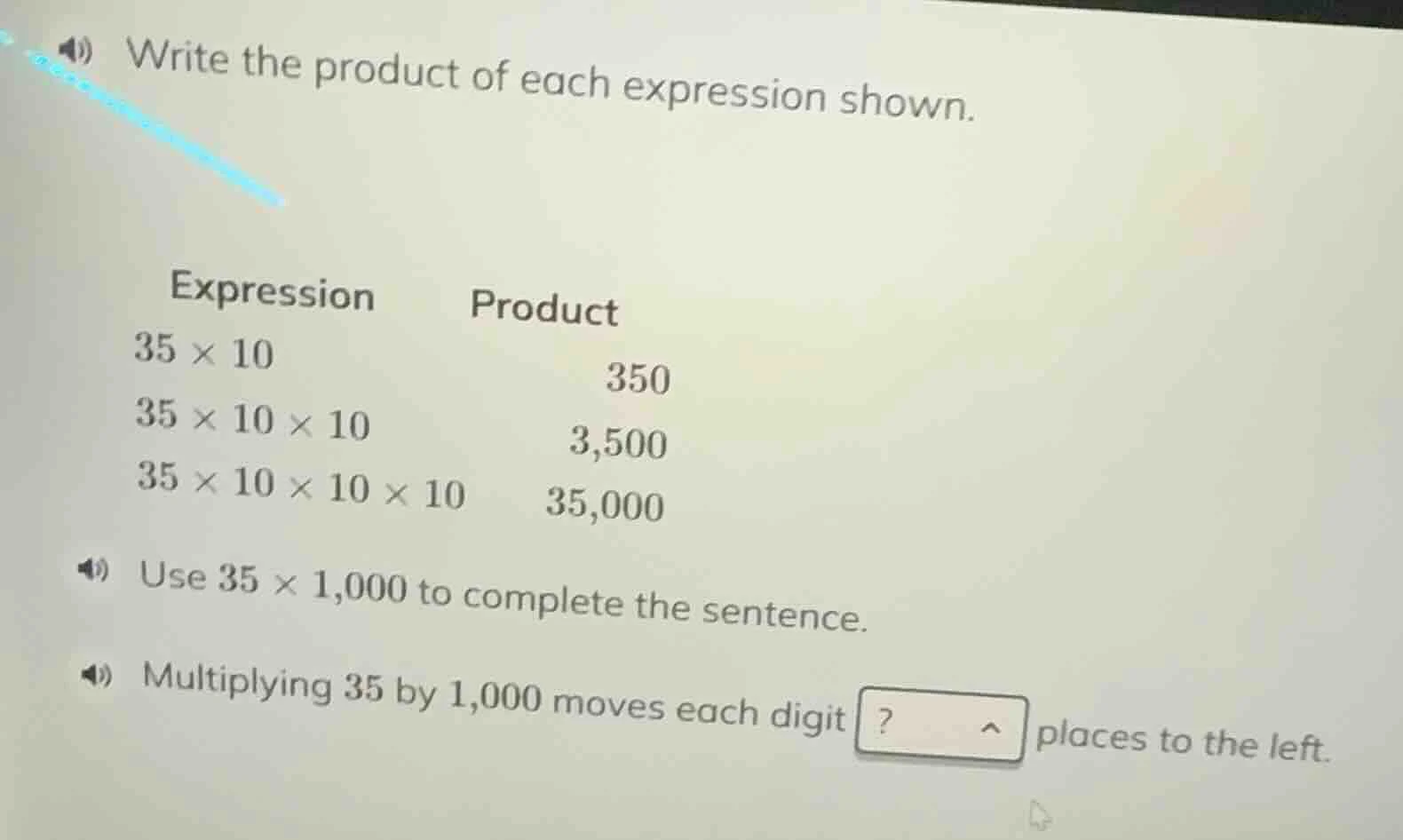 write the product of each expression shown. expression product 35 × 10 …