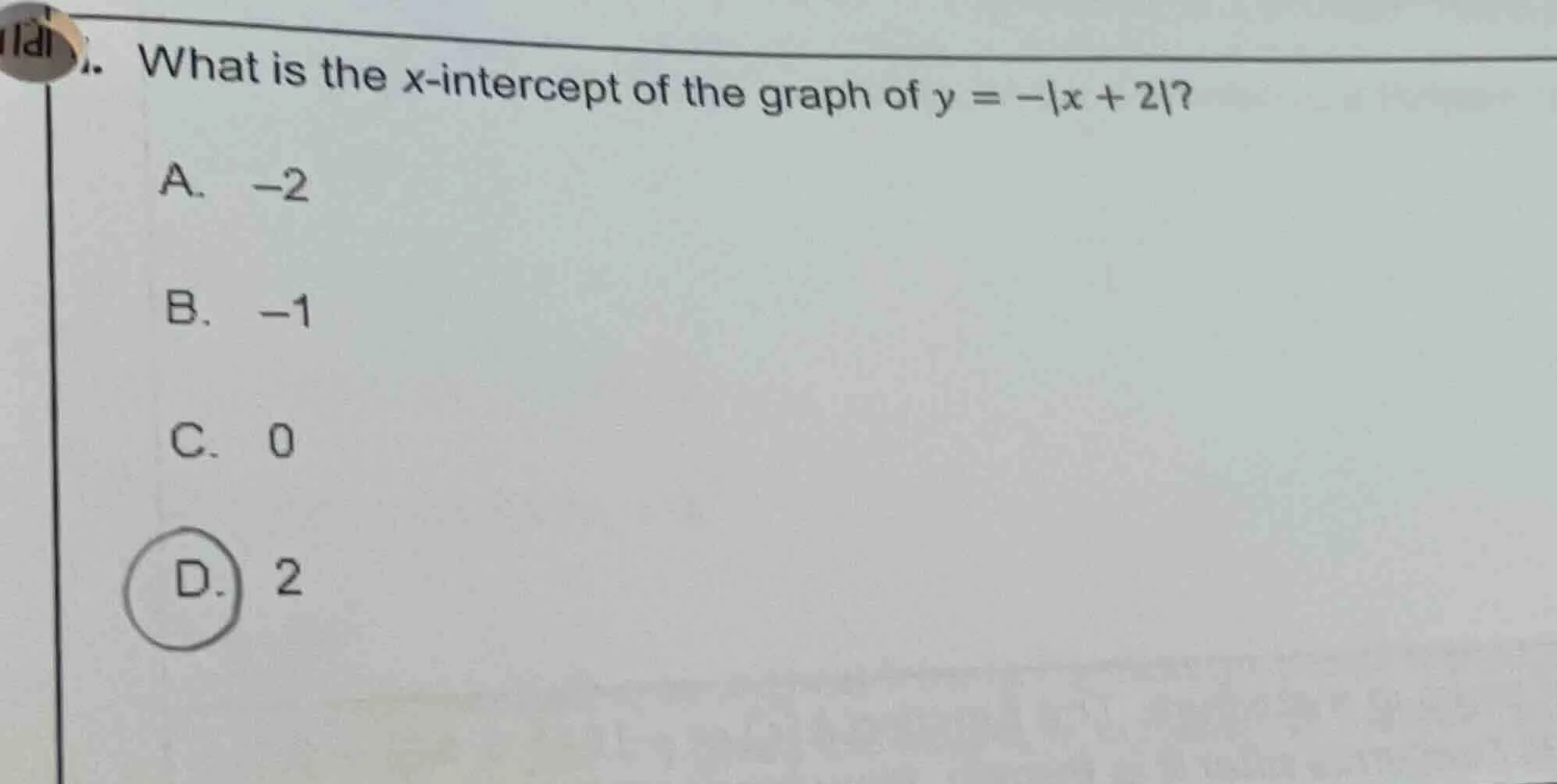 what is the x-intercept of the graph of $y = -|x + 2|$? a. $-2$ b. $-1$…