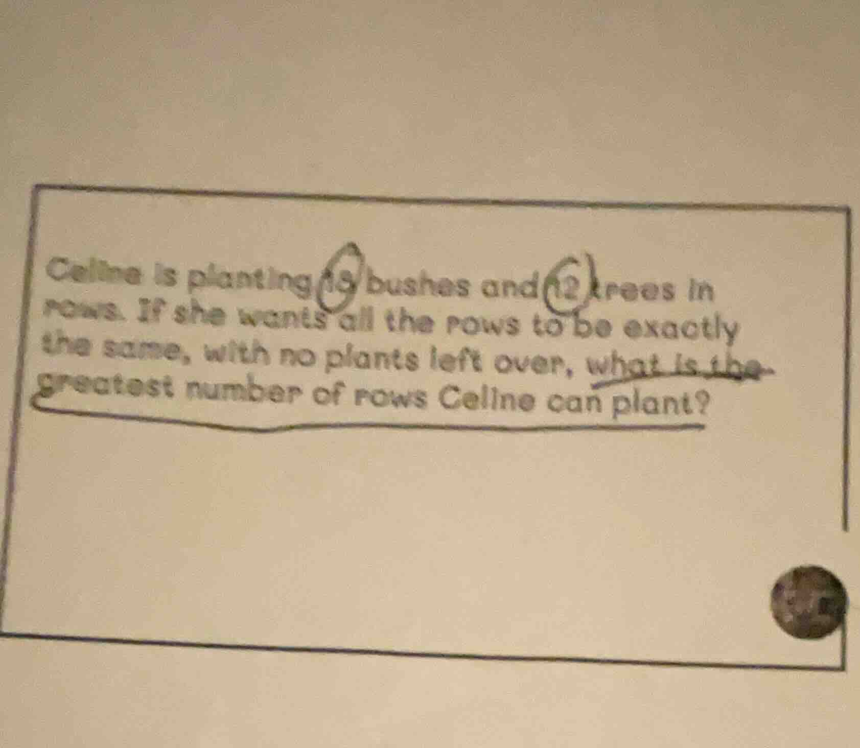 celine is planting 18 bushes and 12 trees in rows. if she wants all the…