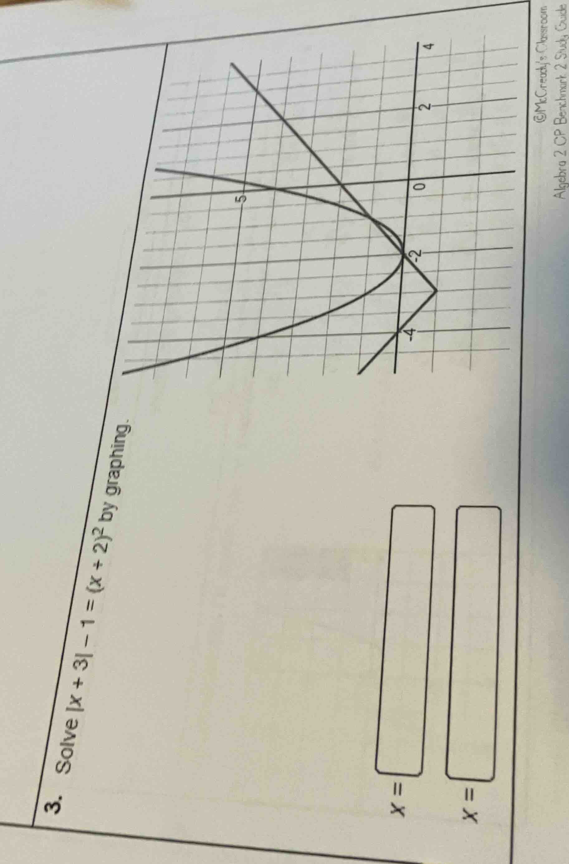 3. solve |x + 3| - 1 = (x + 2)² by graphing. x = x =