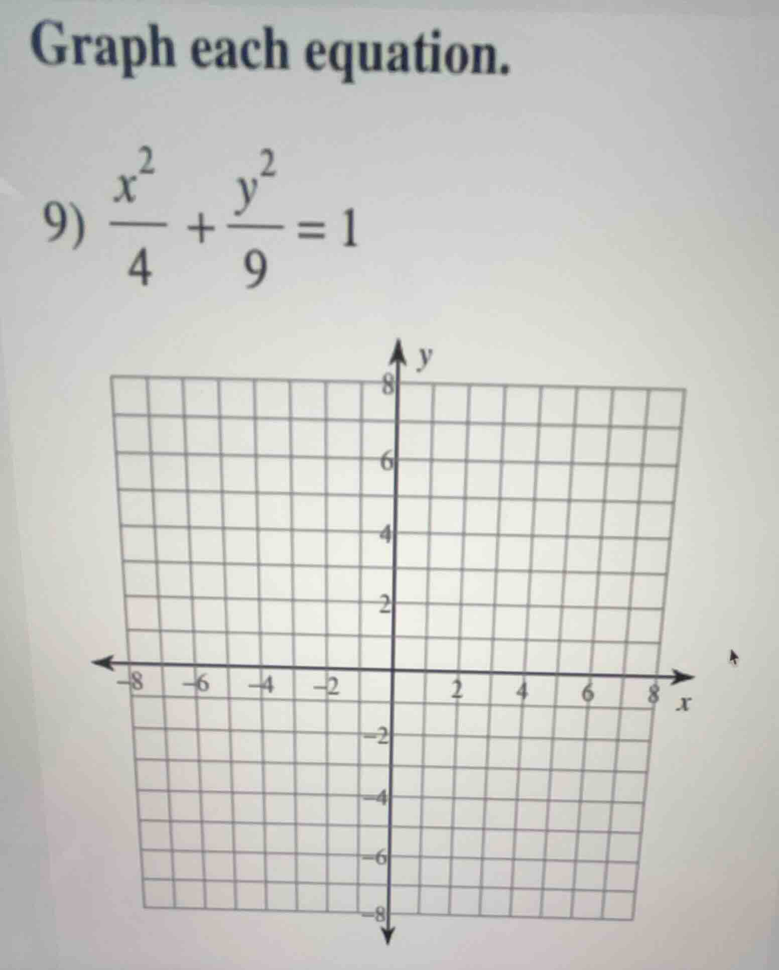 graph each equation. 9) \\(\\frac{x^2}{4} + \\frac{y^2}{9} = 1\\) coord…