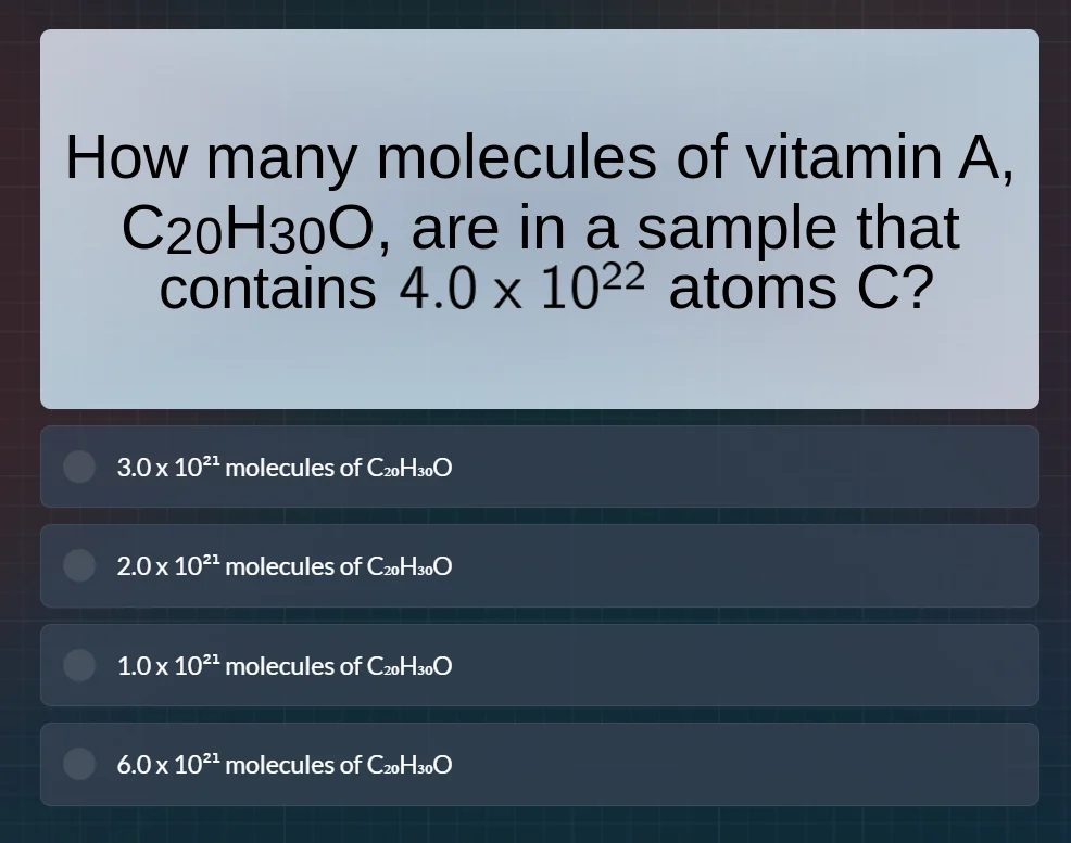 how many molecules of vitamin a, c₂₀h₃₀o, are in a sample that contains…