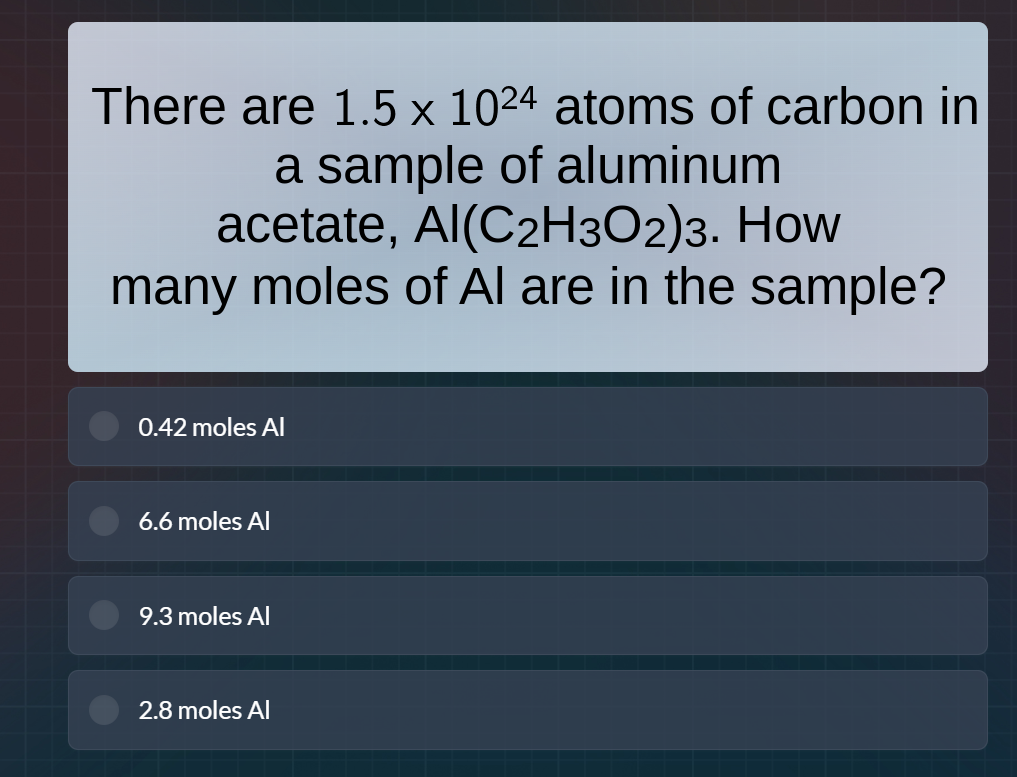 there are $1.5 \\times 10^{24}$ atoms of carbon in a sample of aluminum…