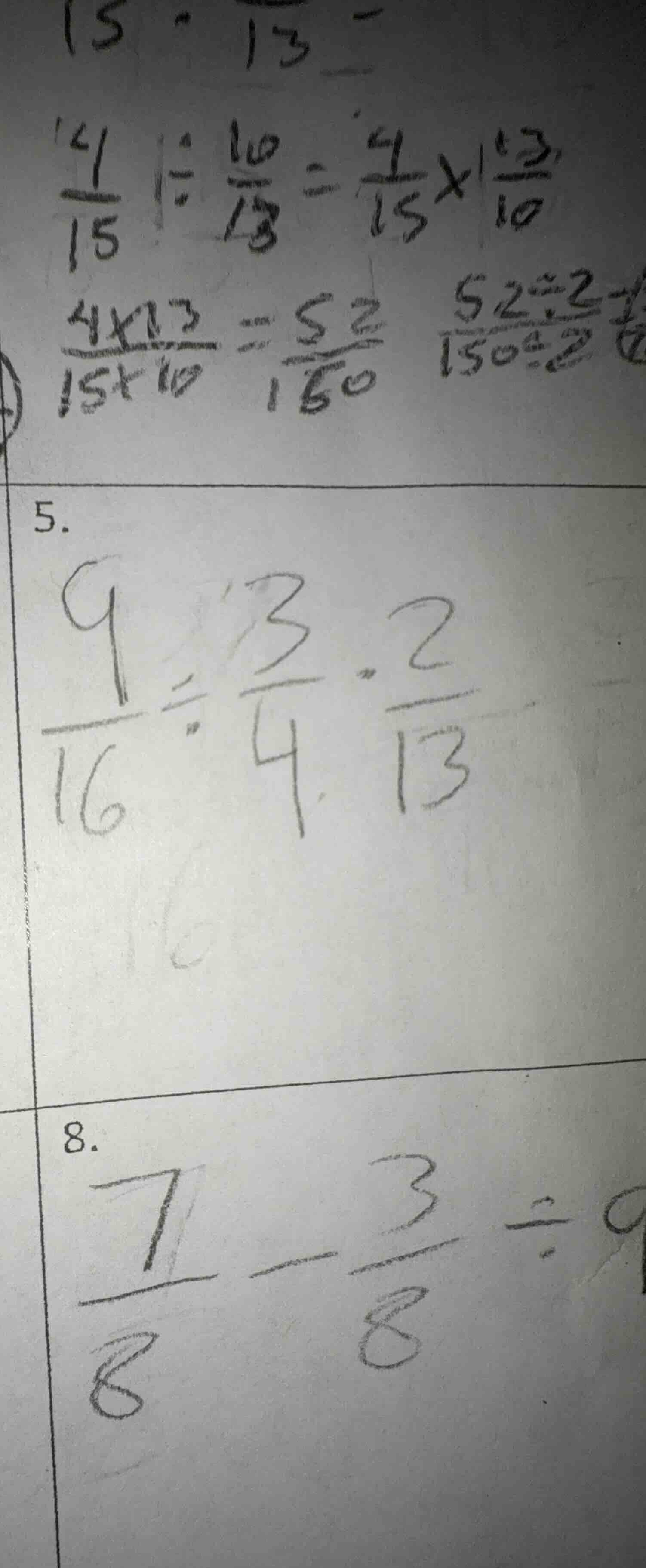 5. \\(\\frac{9}{16} \\div \\frac{3}{4} \\cdot \\frac{2}{13}\\) 8. \\(\\…