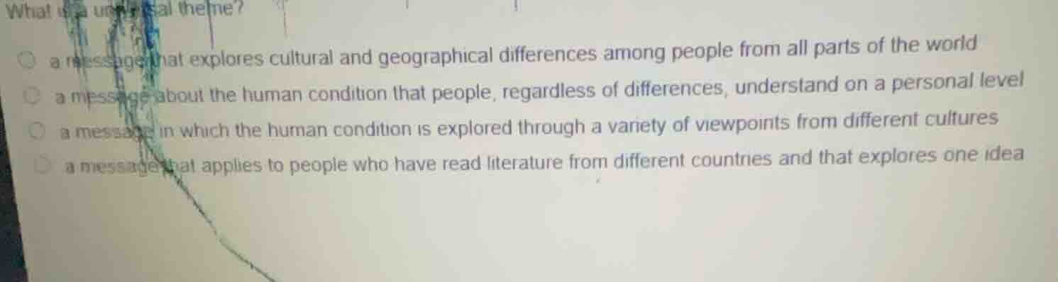 what is a universal theme? ○ a message that explores cultural and geogr…