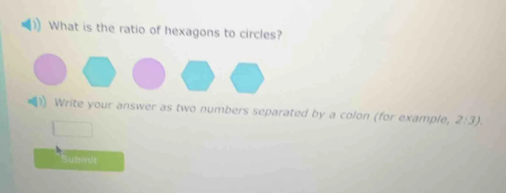 what is the ratio of hexagons to circles? image of shapes: circle, hexa…