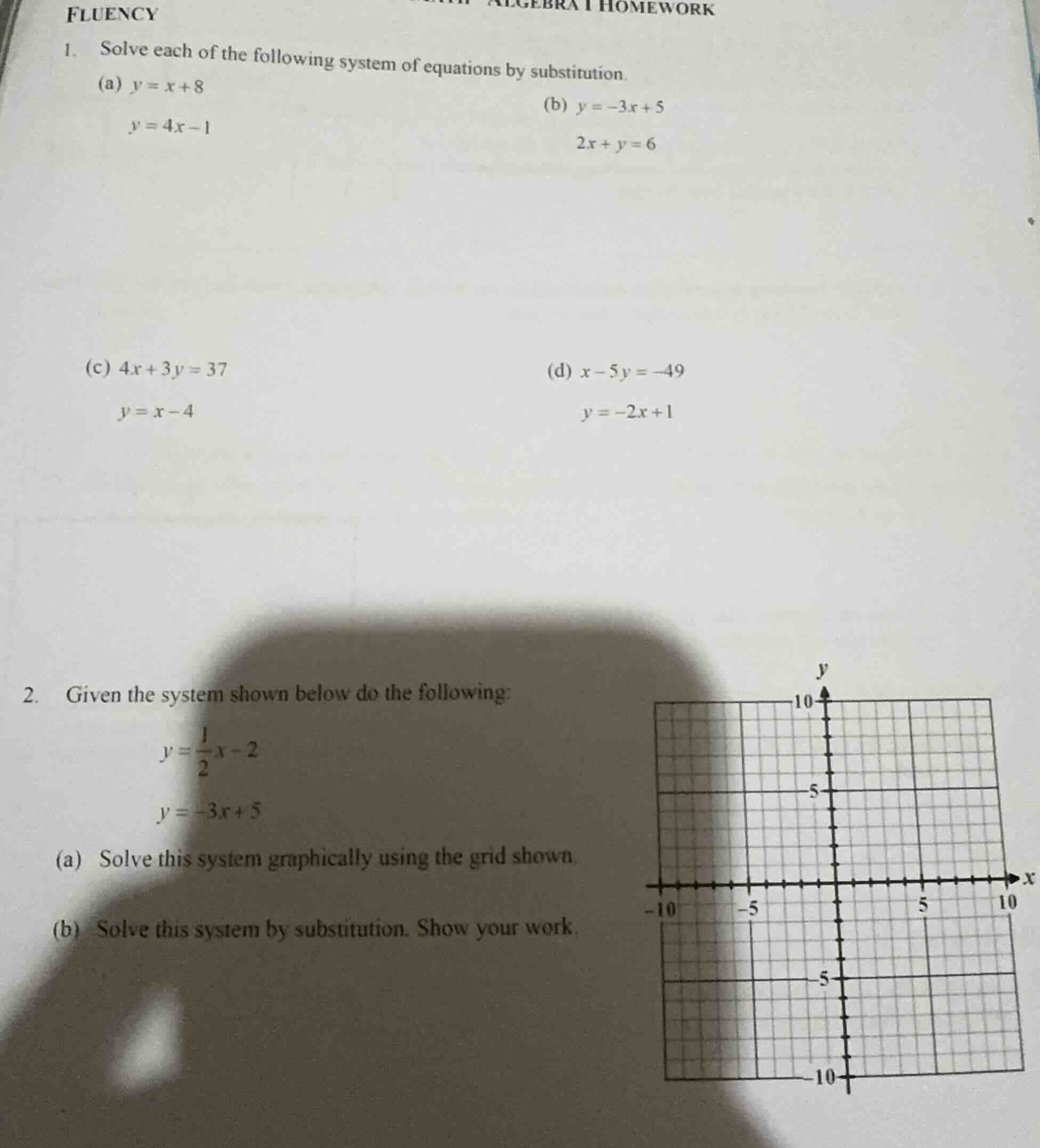 algebra i homework fluency 1. solve each of the following system of equ…