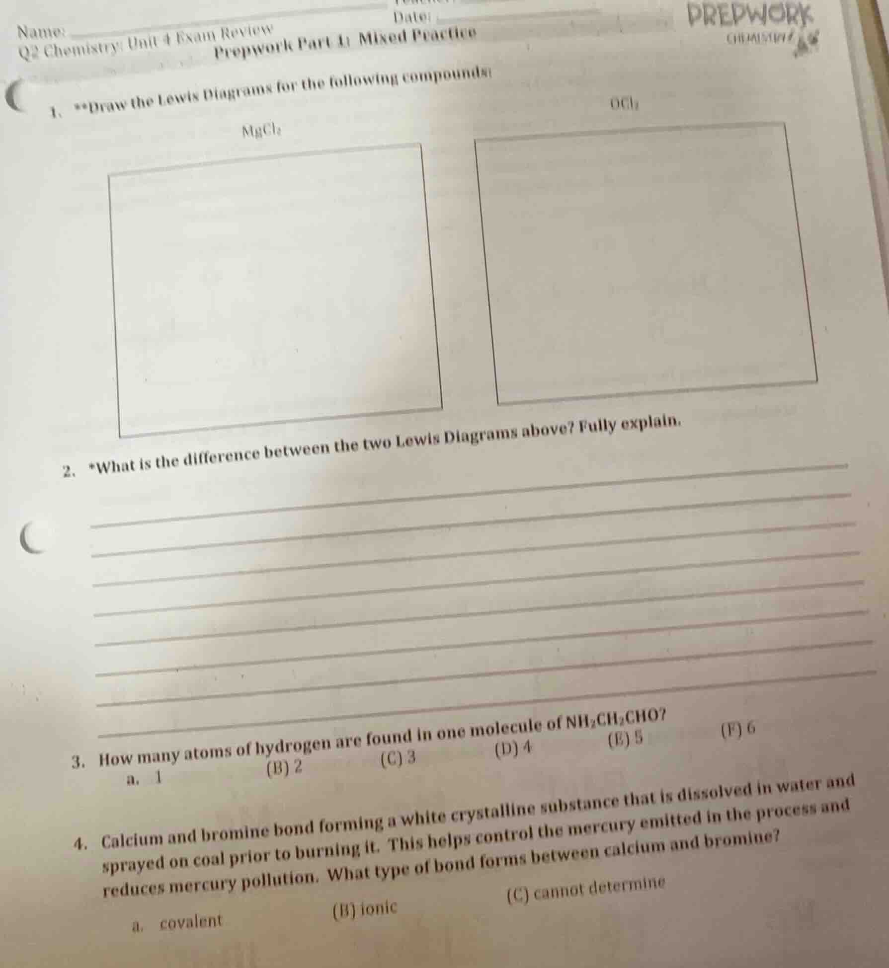 name: q2 chemistry: unit 4 exam review date: prepwork part 1: mixed pra…