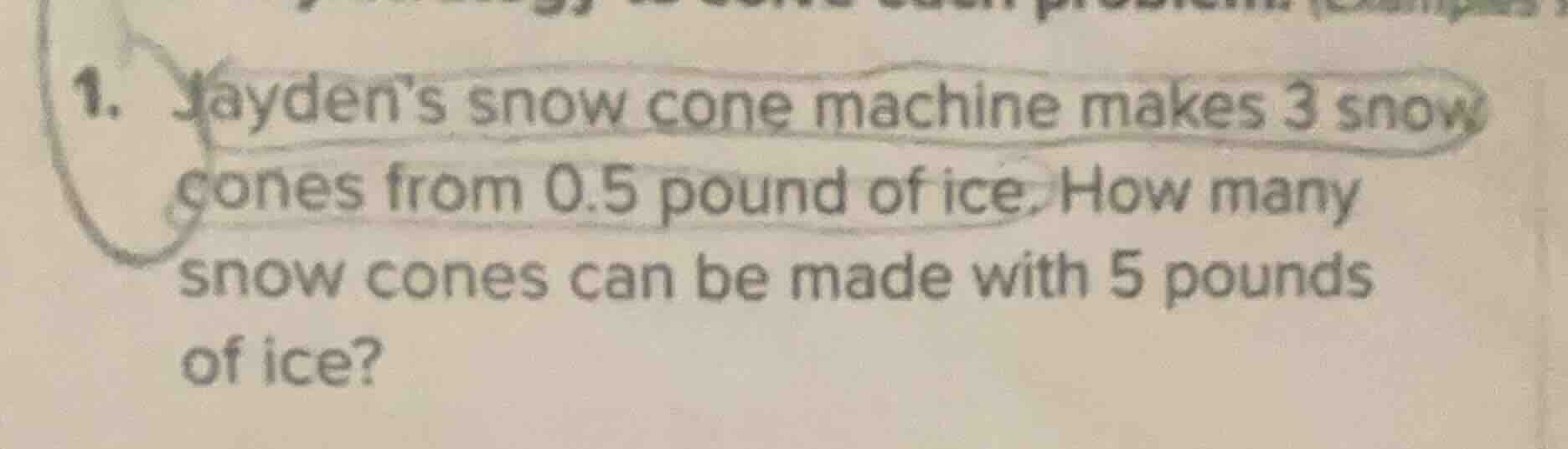 1. jayden’s snow cone machine makes 3 snow cones from 0.5 pound of ice.…