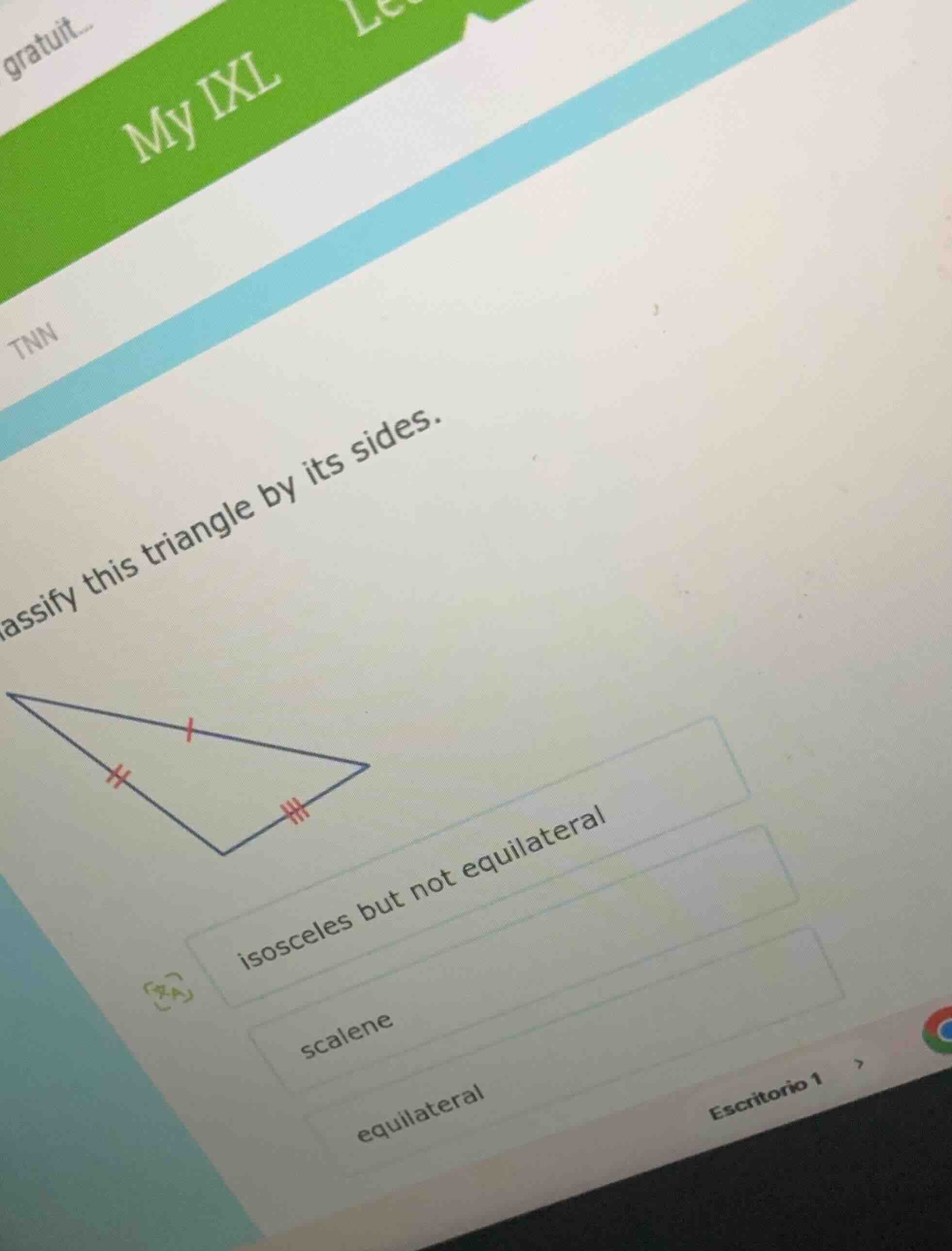 classify this triangle by its sides. triangle image with different mark…
