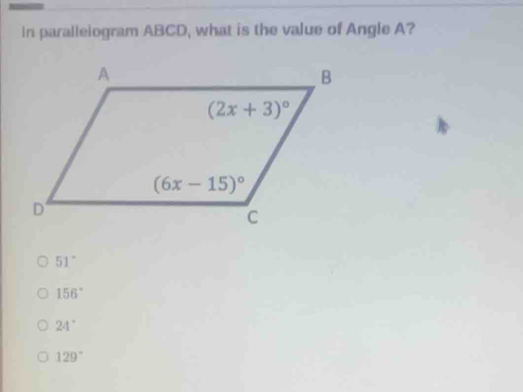 in parallelogram abcd, what is the value of angle a? a b (2x + 3)° (6x …