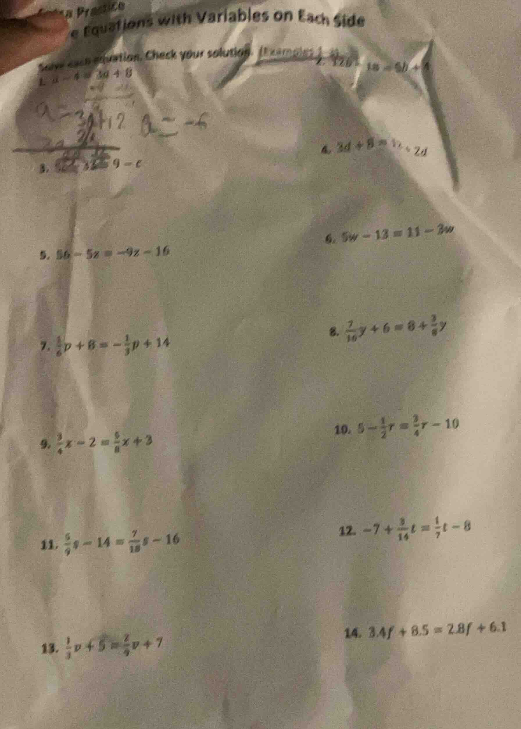 practice equations with variables on each side solve each equation. che…