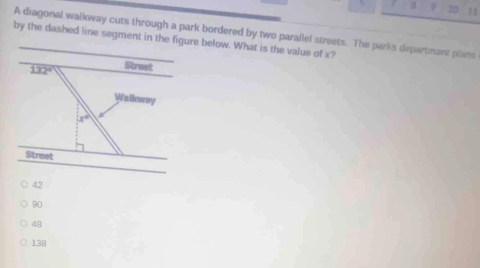 a diagonal walkway cuts through a park bordered by two parallel streets…