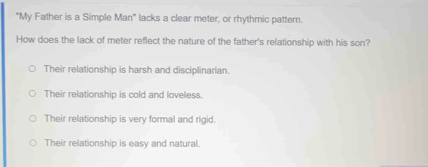 \my father is a simple man\ lacks a clear meter, or rhythmic pattern. h…