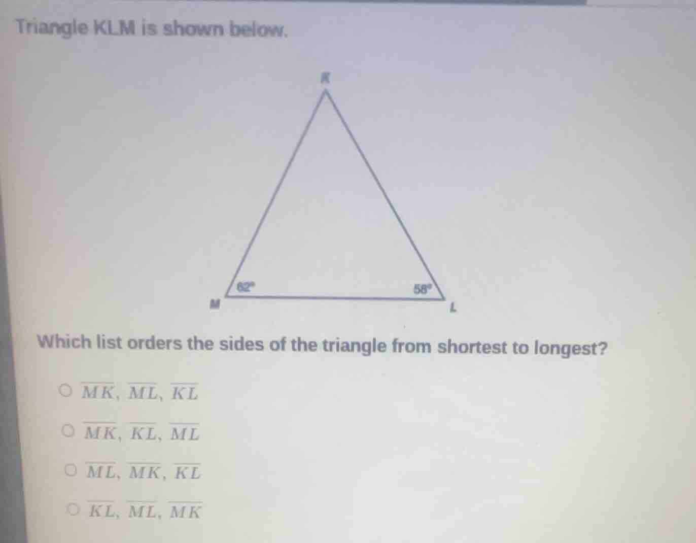 triangle klm is shown below. image of triangle klm with angle at m bein…