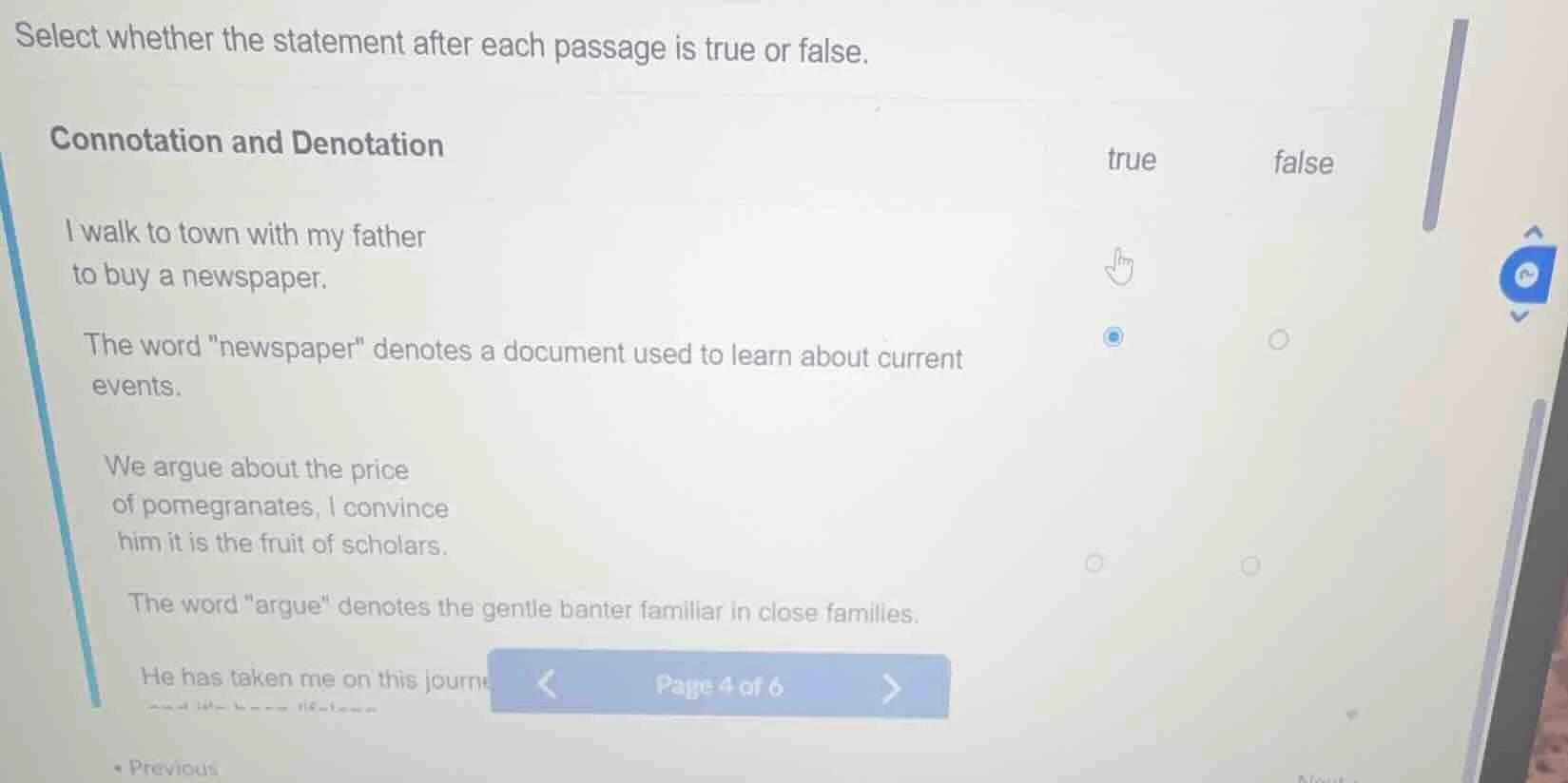select whether the statement after each passage is true or false. conno…