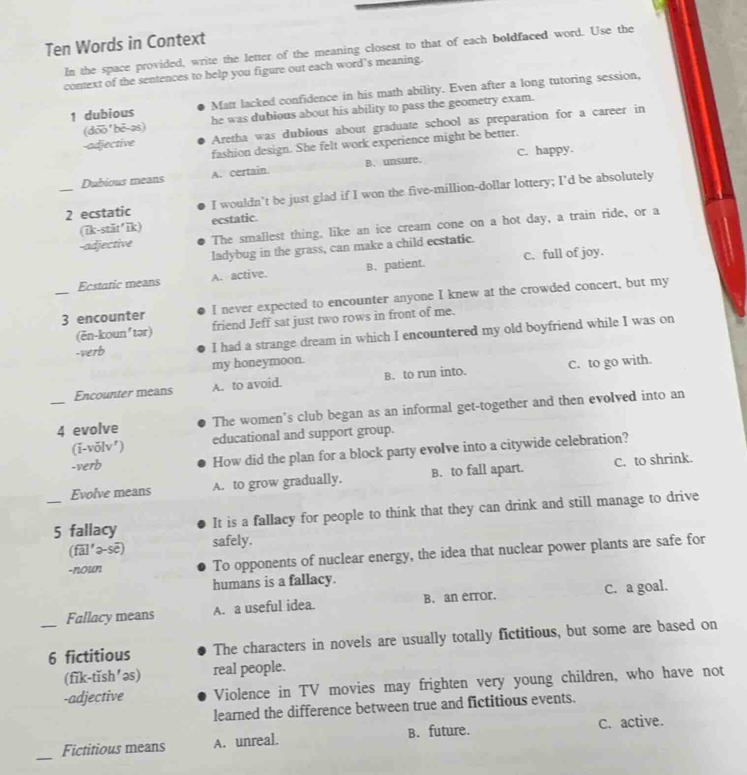 ten words in context in the space provided, write the letter of the mea…