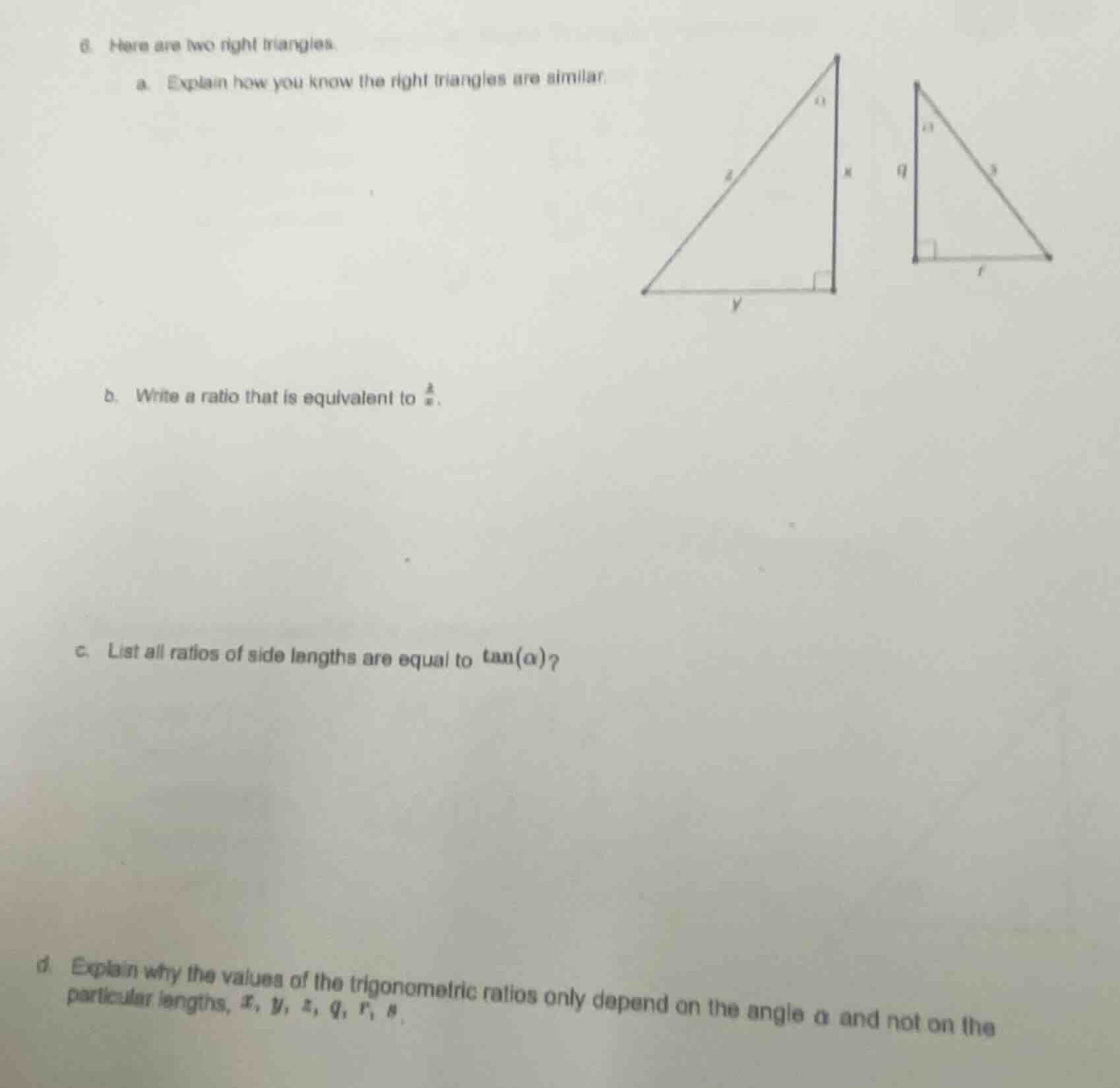 6. here are two right triangles. a. explain how you know the right tria…