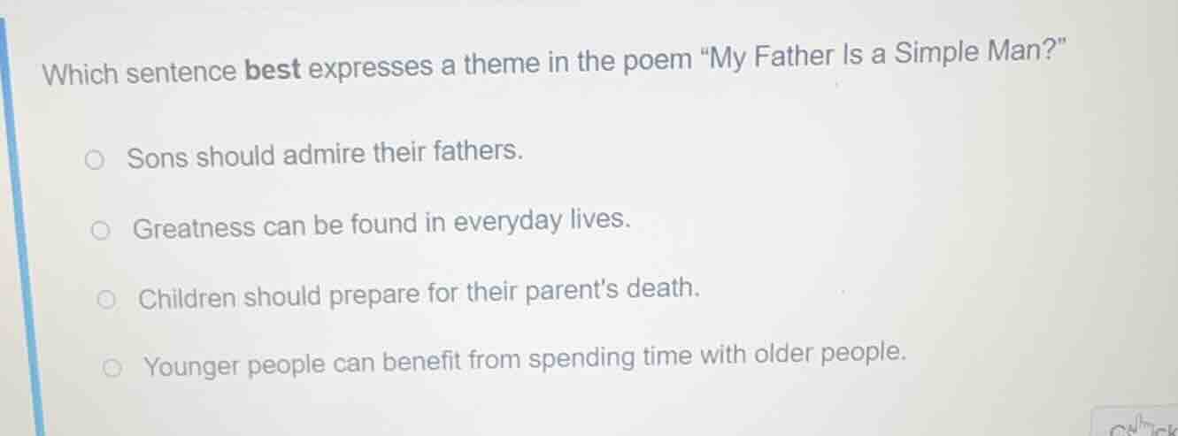 which sentence best expresses a theme in the poem \my father is a simpl…