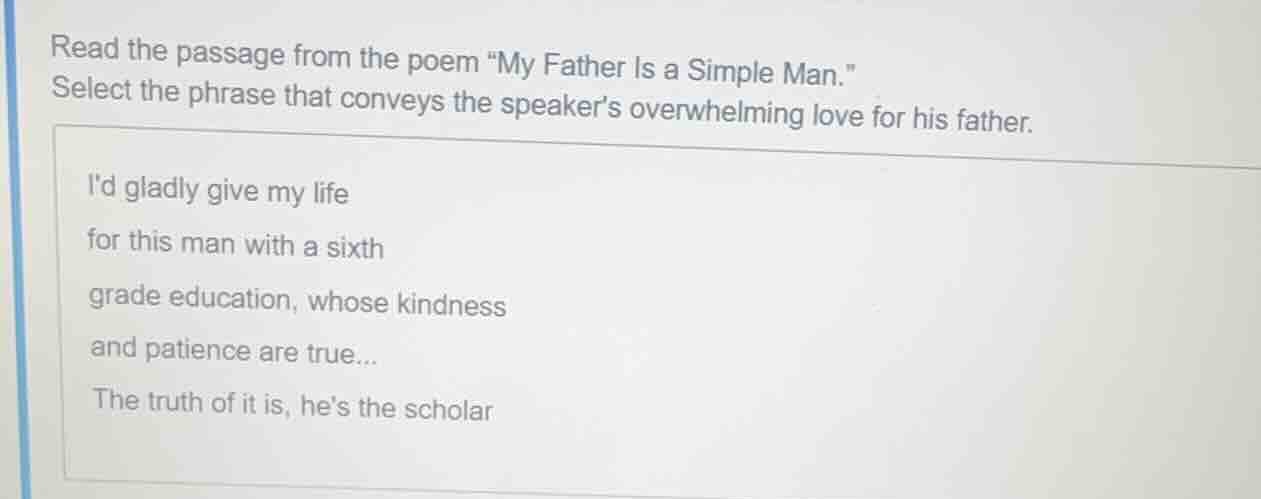 read the passage from the poem \my father is a simple man.\ select the …