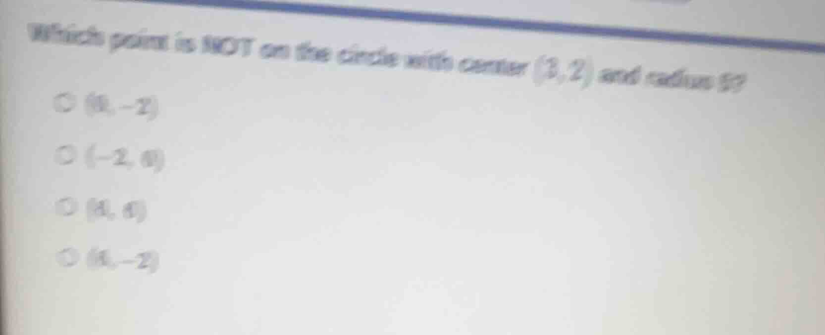 which point is not on the circle with center (3,2) and radius 5? (8, -2…