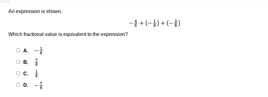 an expression is shown. \\(-\\frac{4}{6} + \\left(-\\frac{1}{6}\ ight) …