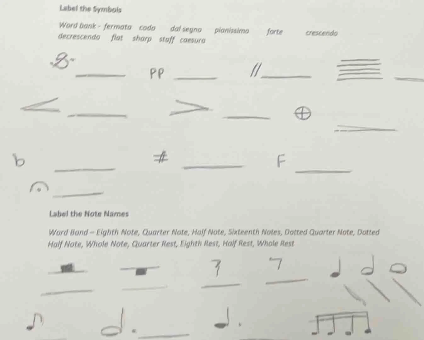 label the symbols word bank - fermata coda dal segno pianissimo forte c…
