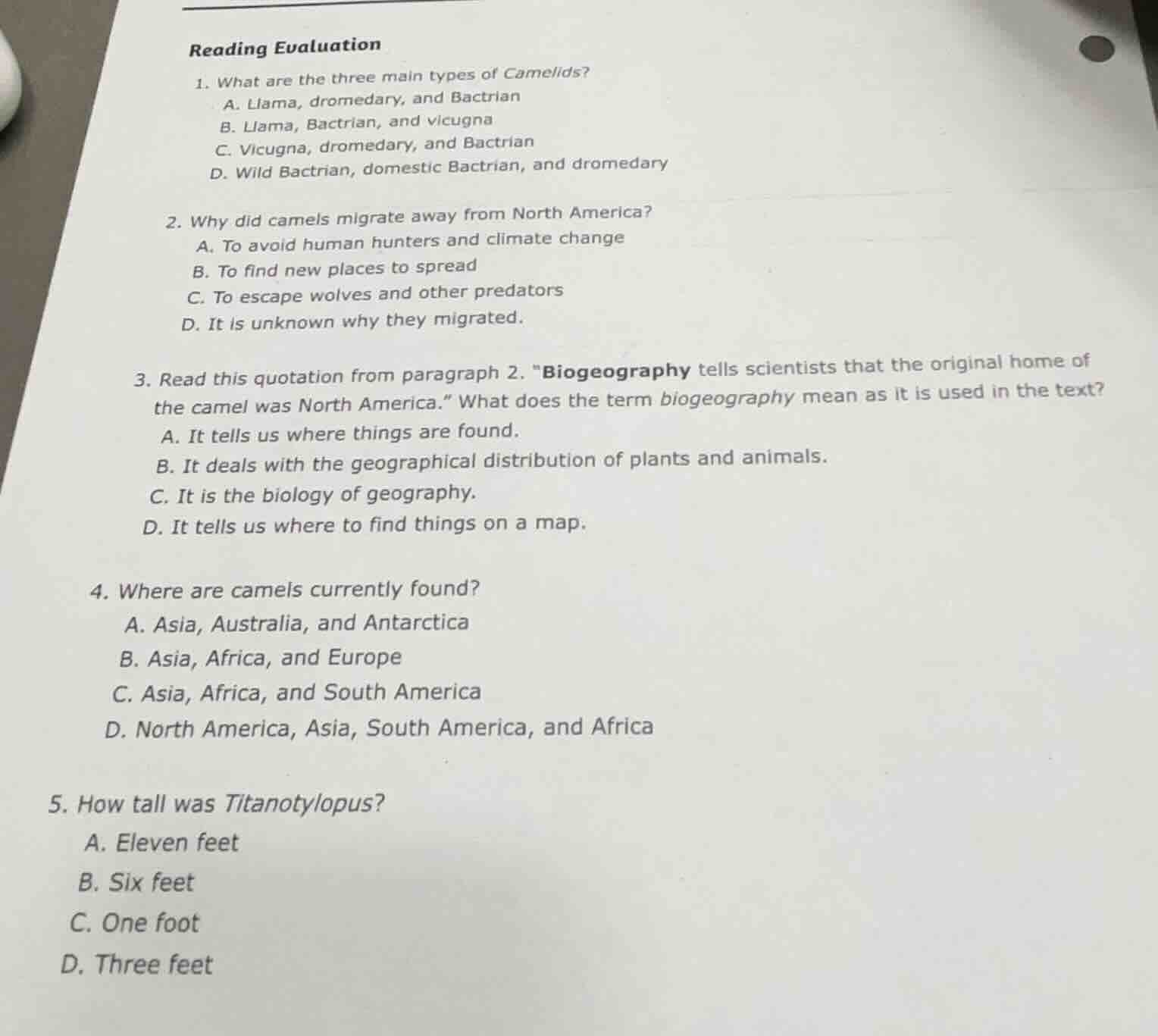 reading evaluation 1. what are the three main types of camelids? a. lla…