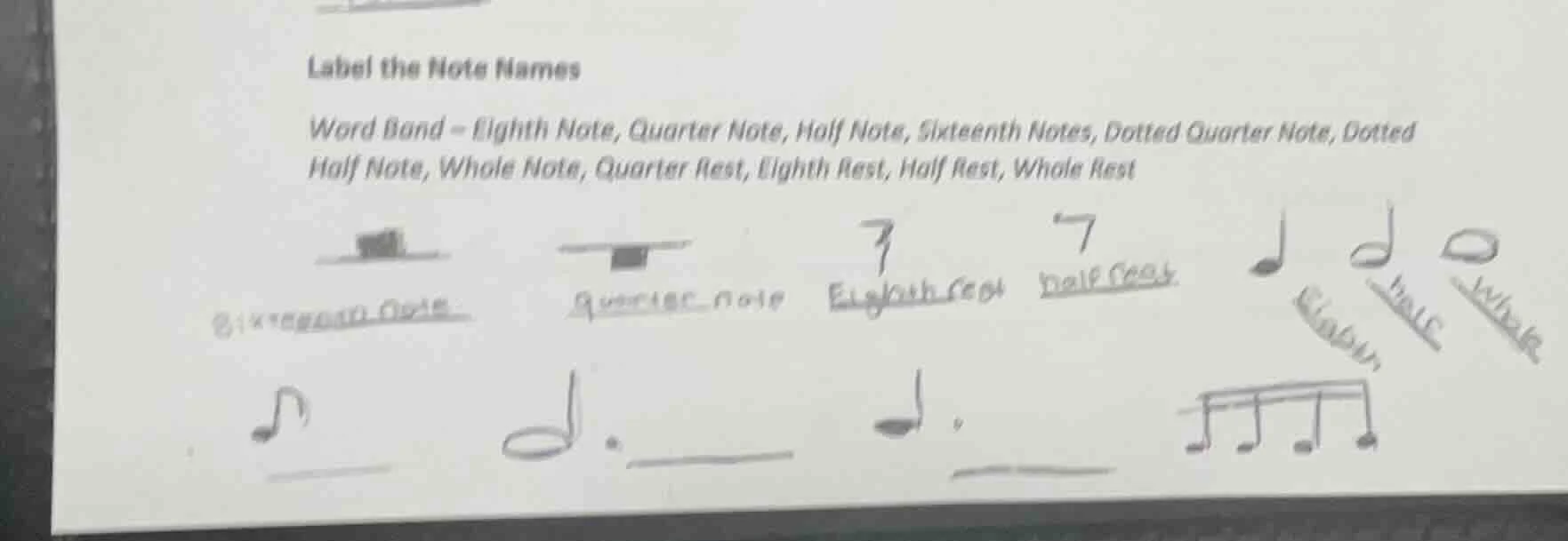 label the note names word band - eighth note, quarter note, half note, …