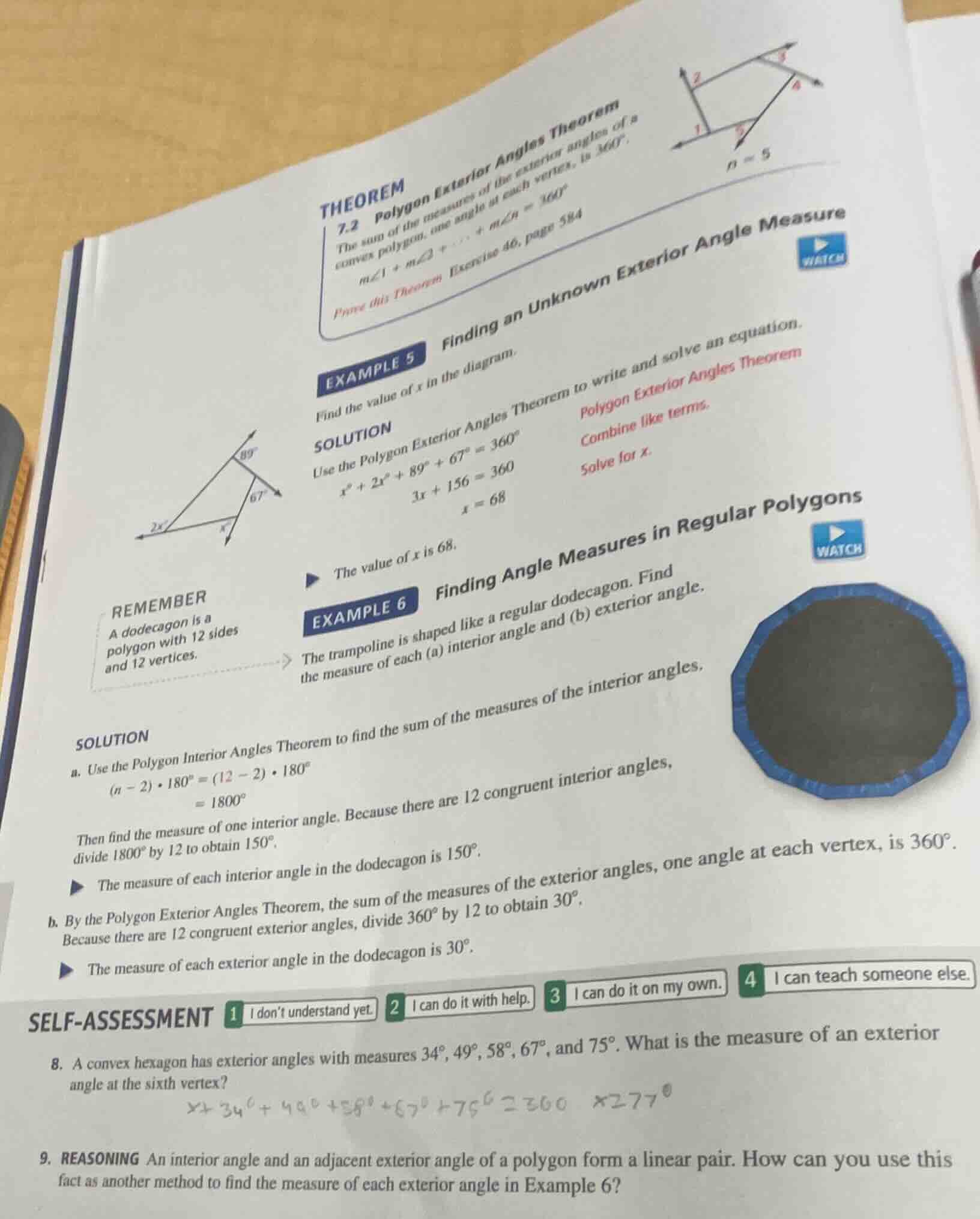 8. a convex hexagon has exterior angles with measures 34°, 49°, 58°, 67…