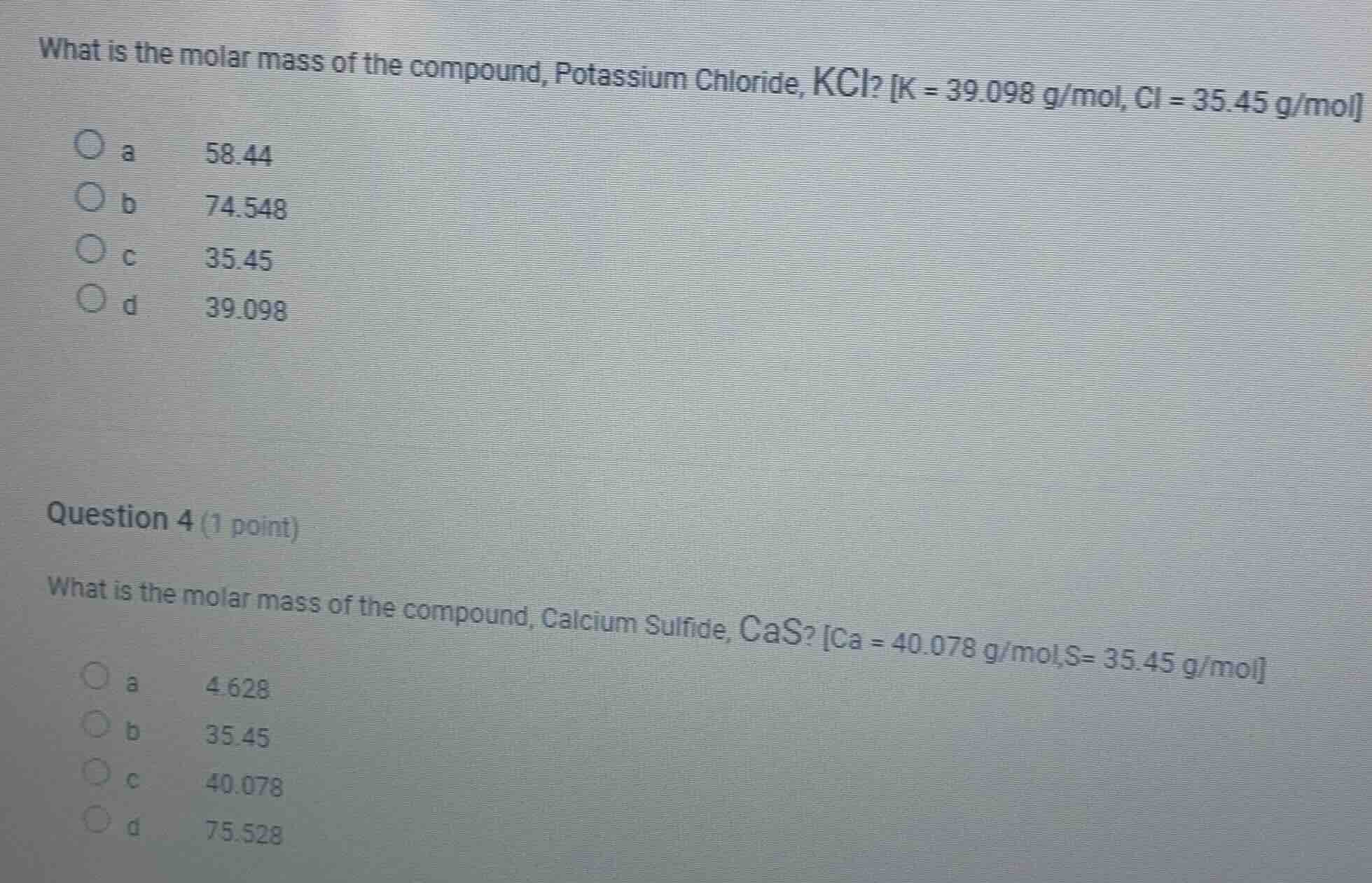 what is the molar mass of the compound, potassium chloride, kcl? k = 39…