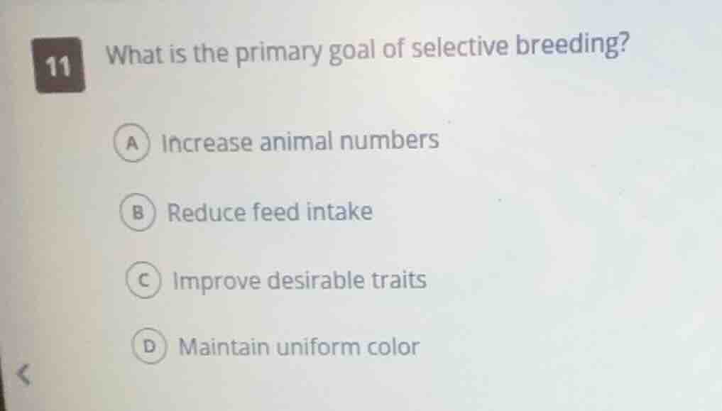11 what is the primary goal of selective breeding? a increase animal nu…