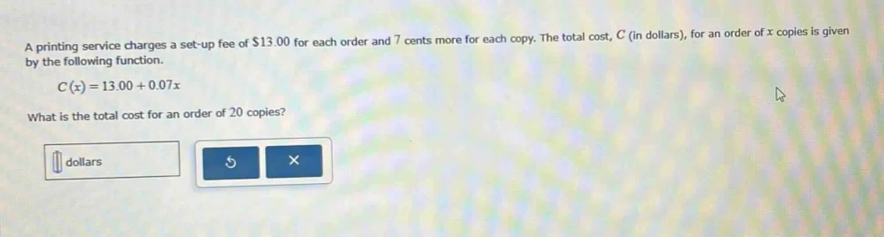 a printing service charges a set - up fee of $13.00 for each order and …