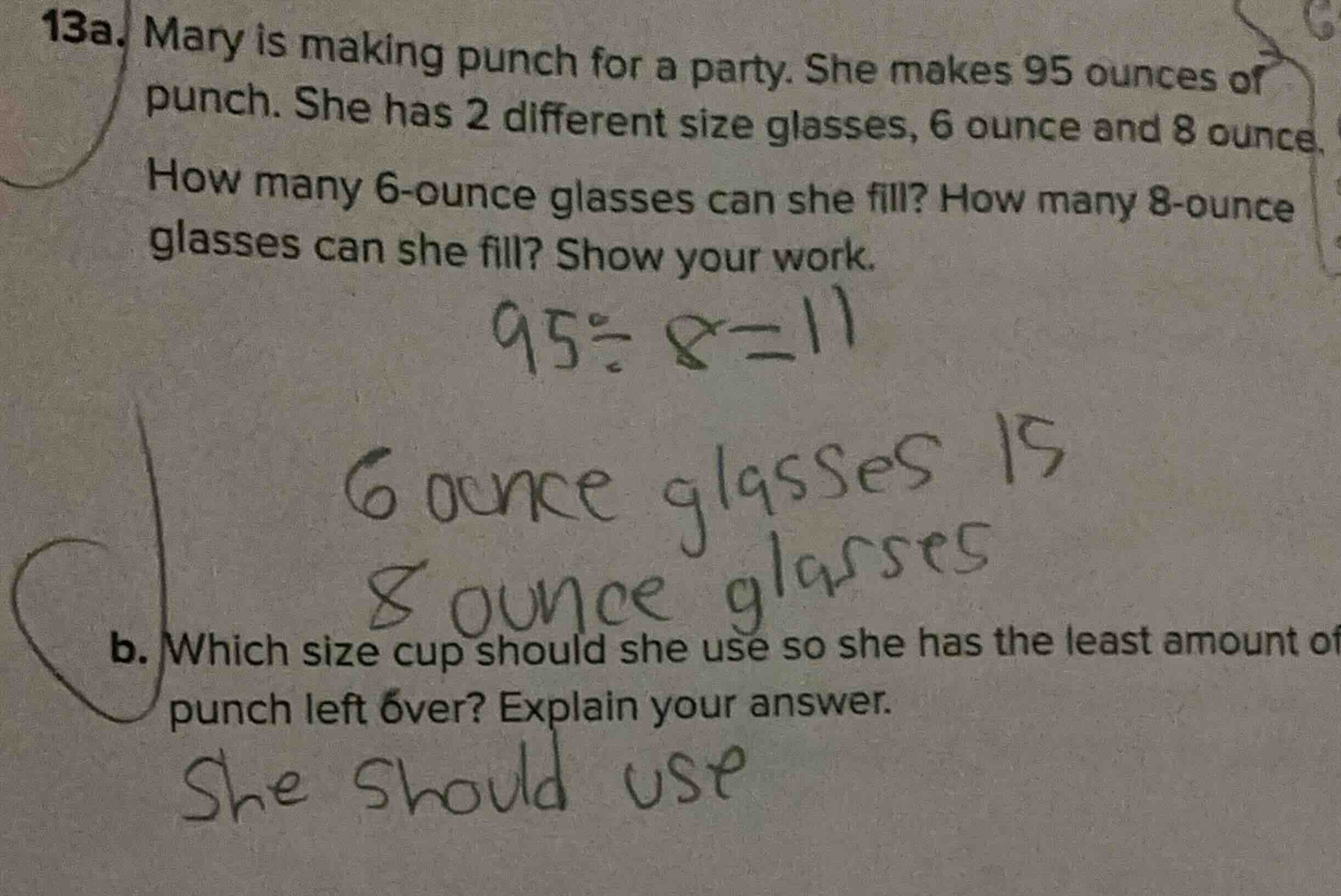 13a. mary is making punch for a party. she makes 95 ounces of punch. sh…