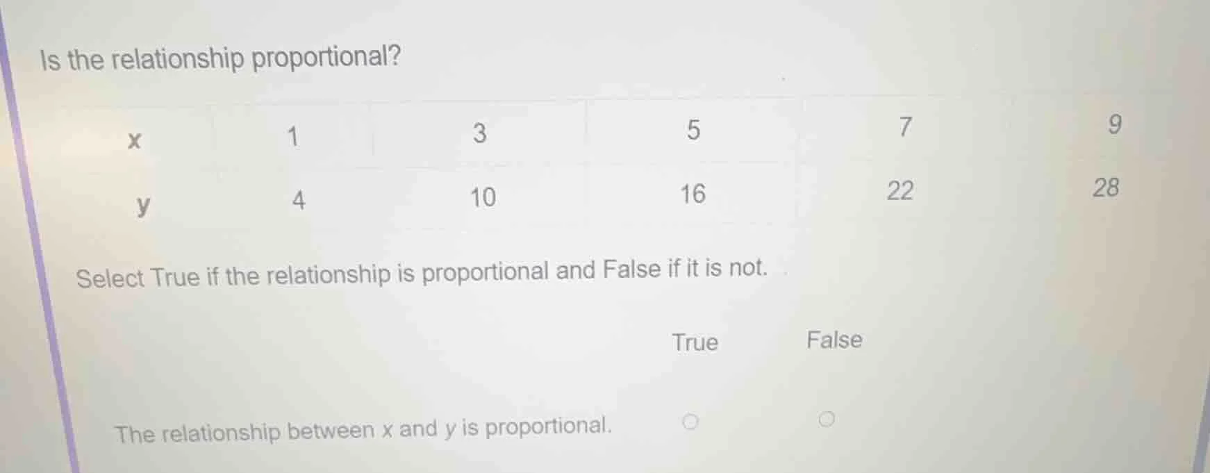 is the relationship proportional? x: 1, 3, 5, 7, 9 y: 4, 10, 16, 22, 28…