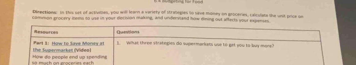 6.4 budgeting for food directions: in this set of activities, you will …