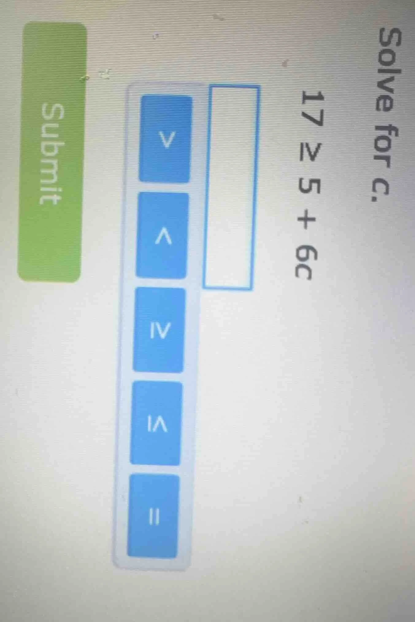 solve for c. 17 > 5 + 6c