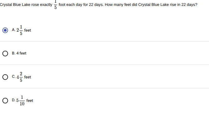 crystal blue lake rose exactly $\frac{1}{5}$ foot each day for 22 days.…