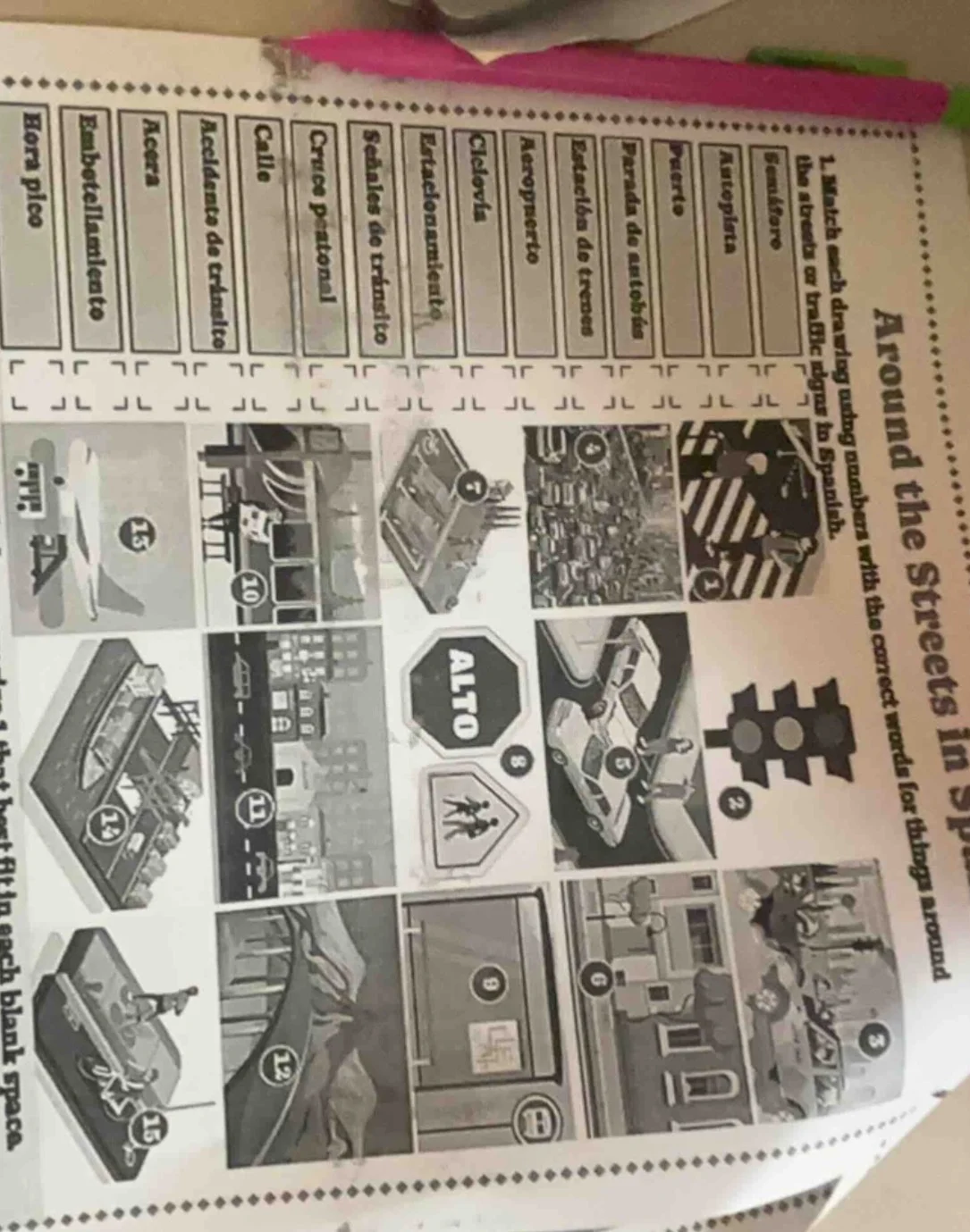around the streets in sp 1. match each drawing (using numbers) with the…