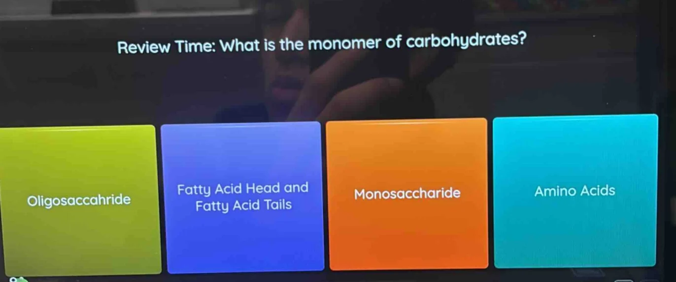 review time: what is the monomer of carbohydrates? oligosaccahride fatt…