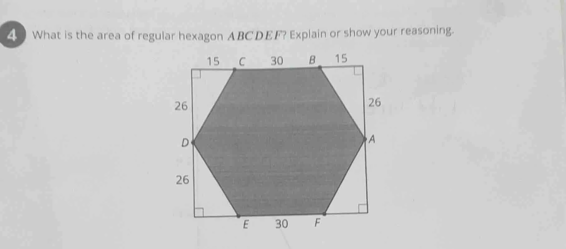 4 what is the area of regular hexagon abcdef? explain or show your reas…