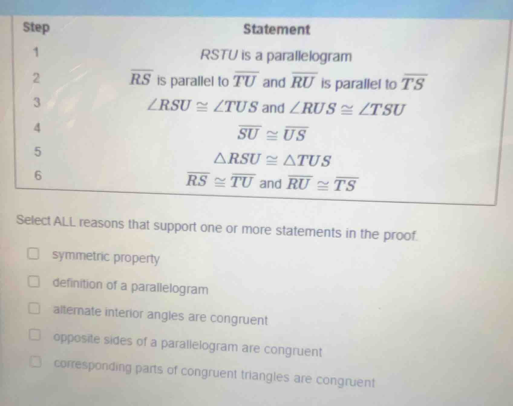 step 1 statement rstu is a parallelogram 2 \\(\\overline{rs}\\) is para…